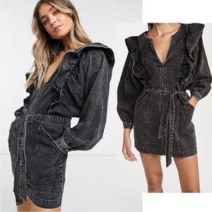 Free People Imogene Washed Black Denim Ruffled Mini Dress Size S